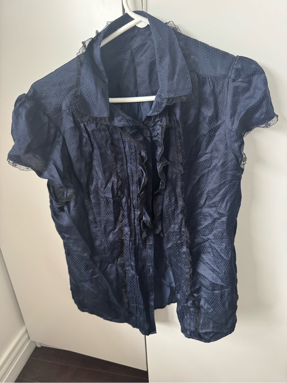 Massimo Dutti silk cotton Navy Ruffle Front Short-Sleeve Blouse - Women